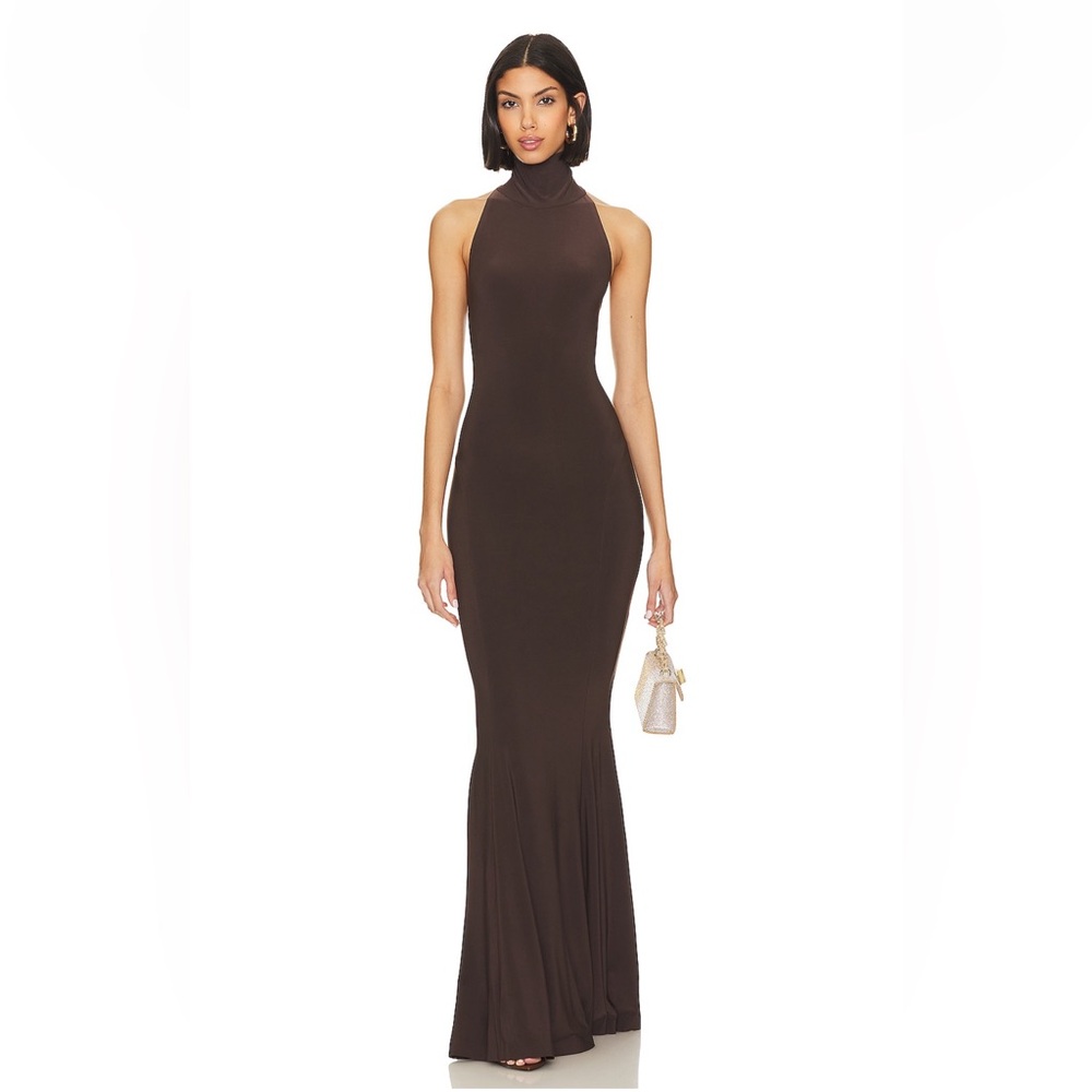 NWT - Small - Norma Kamali Halter Turtle Fishtail Gown in Chocolate